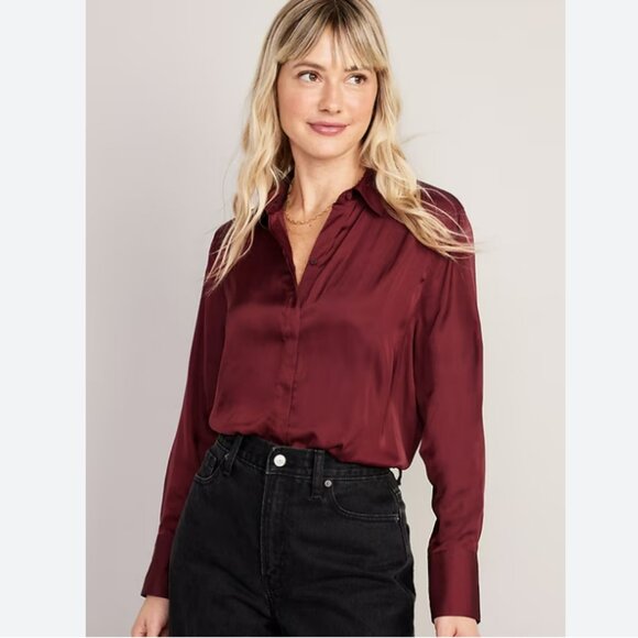 NWT Old Navy Maroon Loose Satin Button-Down Shirt - Picture 1 of 5